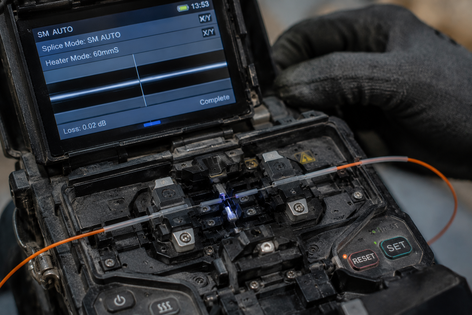 Close-up of fusion splicer device