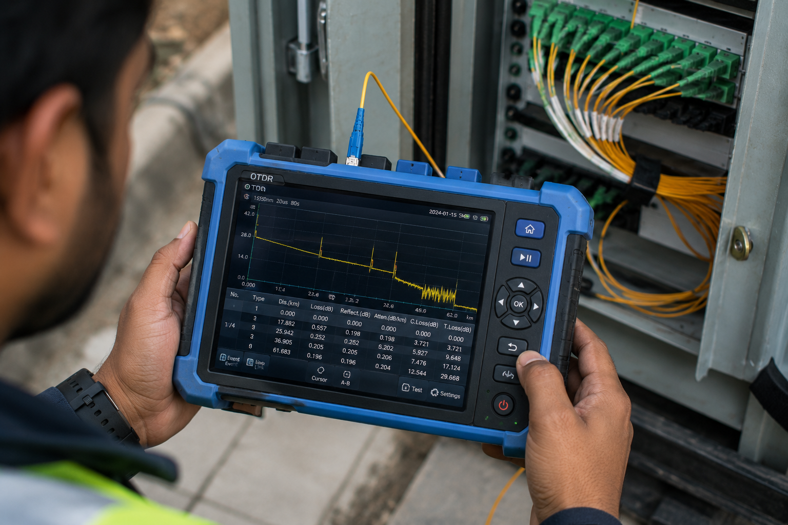 OTDR testing equipment in use