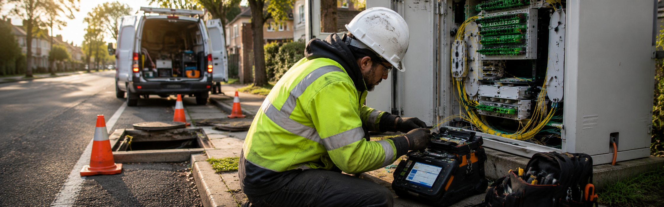 Fiber Tools technician performing fusion splicing in the field