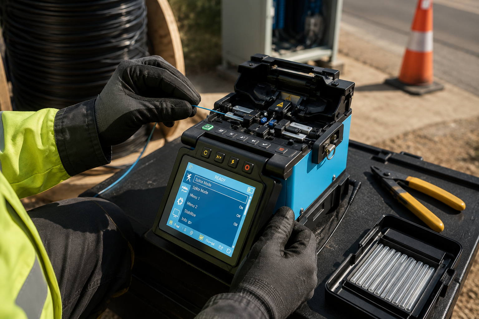 Technician performing fusion splicing in the field