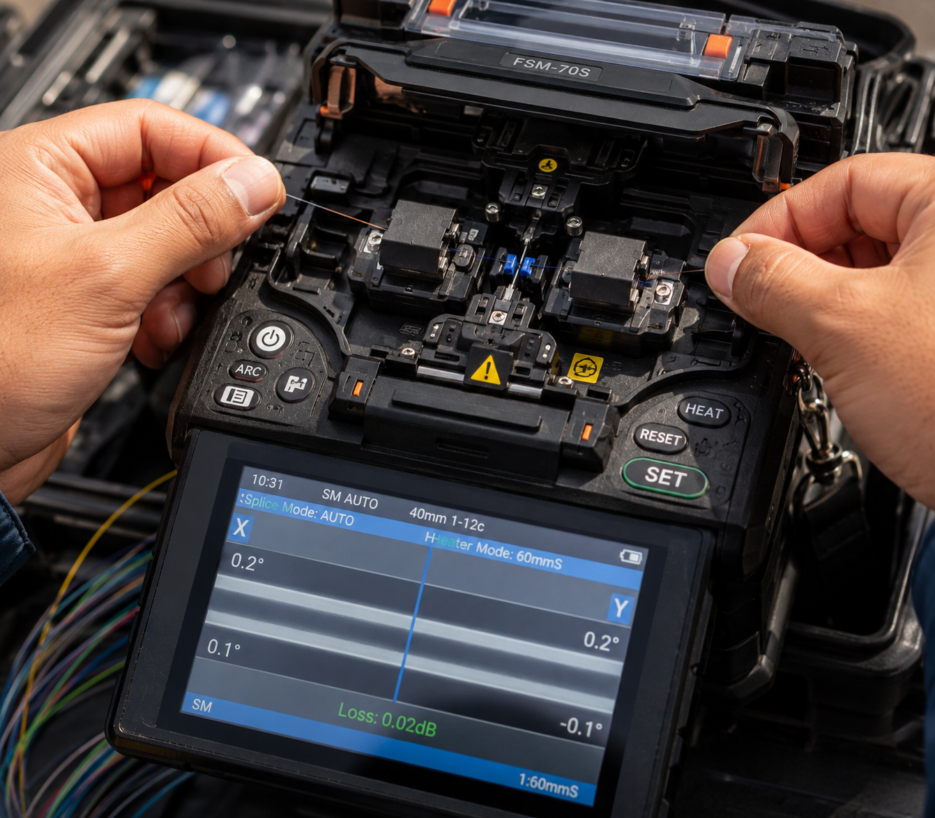 Technician performing fusion splicing