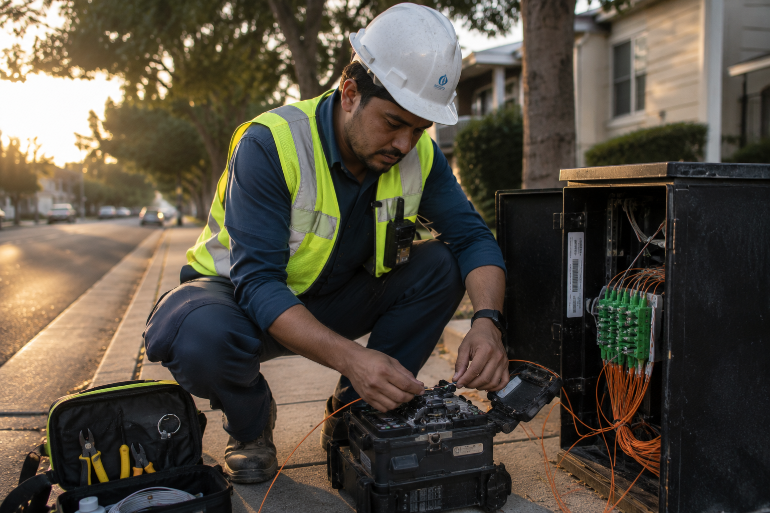 Technician performing fusion splicing in the field